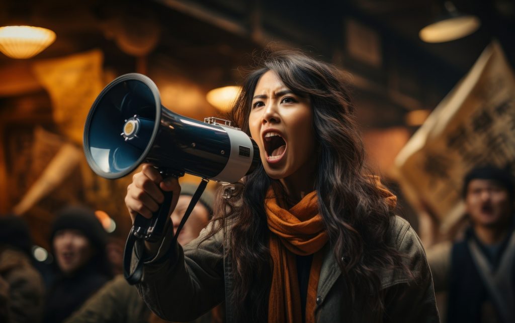 asiatische Frau mit brauner Jacke und gelbem Schal, die vor Menschenmenge in Megaphon ruft